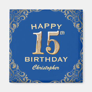 15e Birthday Party Blue en Gold Glitter Lijst Magneet