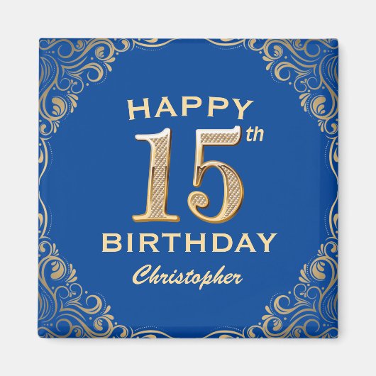 15e Birthday Party Blue en Gold Glitter Lijst Magneet (Voorkant)