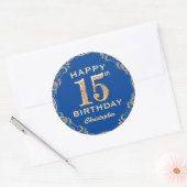 15e Birthday Party Blue en Gold Glitter Lijst Ronde Sticker (Envelop)
