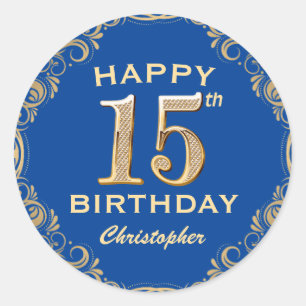 15e Birthday Party Blue en Gold Glitter Lijst Ronde Sticker