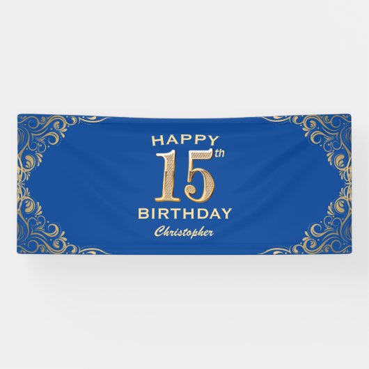 15e Birthday Party Blue en Gold Glitter Lijst Spandoek (Horizontaal)