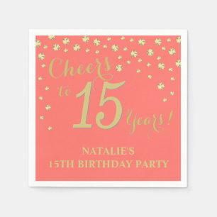 15e Birthday Party Coral and Gold Diamond Napkins Servet