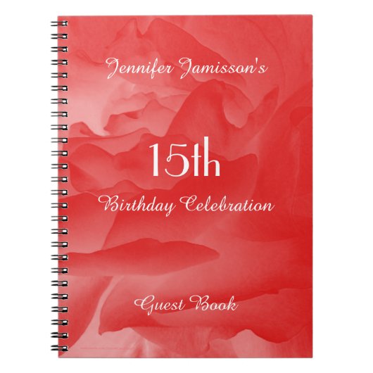 15e Birthday Party Guest Book, Coral Pink Rose Notitieboek (Voorkant)