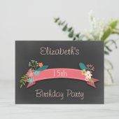 15e Birthday Pink Banner Flowers Chalkboard Kaart (Staand voorkant)