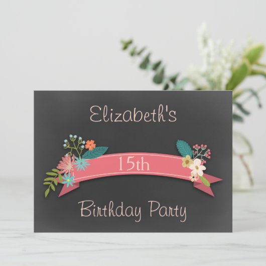 15e Birthday Pink Banner Flowers Chalkboard Kaart (Staand voorkant)