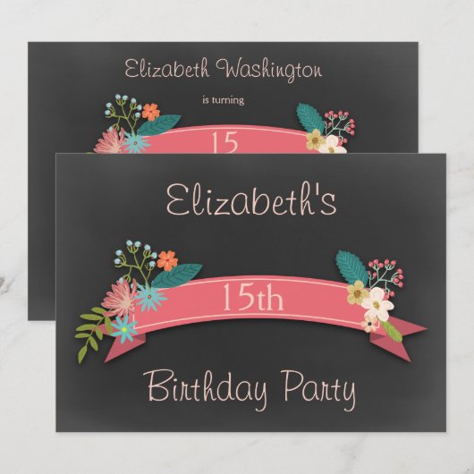 15e Birthday Pink Banner Flowers Chalkboard Kaart (Voorkant / Achterkant)