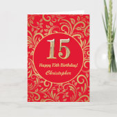 15e Birthday Red en Gold Floral Pattern Kaart (Voorkant)