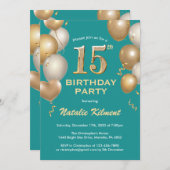 15e Blauwgroen verjaardag en goudballonnen Kaart (Voorkant / Achterkant)