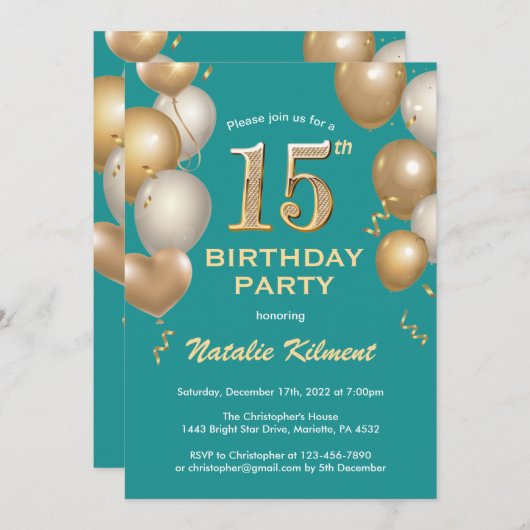15e Blauwgroen verjaardag en goudballonnen Kaart (Voorkant / Achterkant)