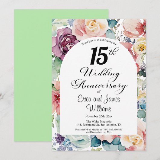 15e bruiloft Jubileum Elegant Script Floral Kaart (Voorkant / Achterkant)