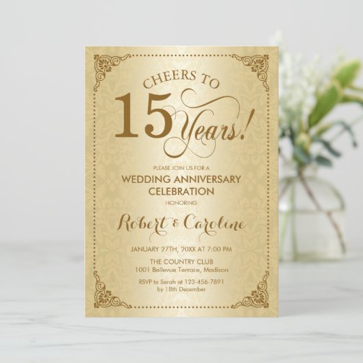 15e bruiloft Jubileum - Gouden Damask Kaart (Staand voorkant)