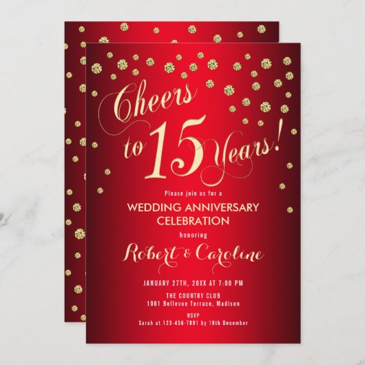 15e bruiloft Jubileum - Rood & Goud Kaart (Voorkant / Achterkant)