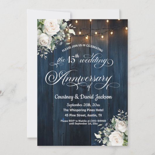 15e bruiloft Jubileum Rustiek Blauw String Lichten Kaart (Voorkant)