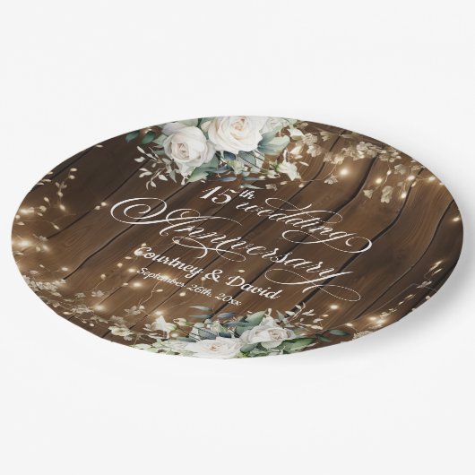 15e bruiloft Jubileum Rustieke String Lights Papieren Bordje (Gekanteld)