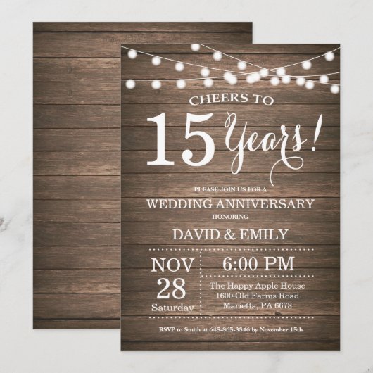 15e bruiloft Jubileum Uitnodiging Rustic Wood (Voorkant / Achterkant)