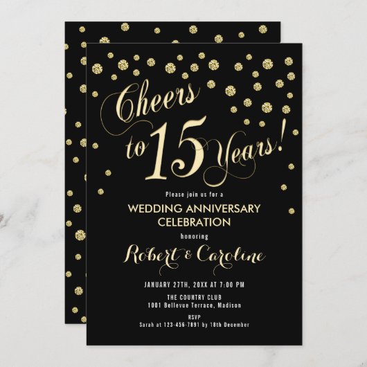 15e bruiloft Jubileum uitnodiging - Zwart & Goud (Voorkant / Achterkant)