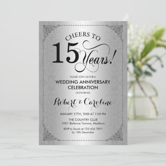 15e bruiloft Jubileum - Zilver Zwart Damask Kaart (Staand voorkant)