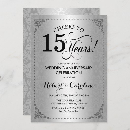 15e bruiloft Jubileum - Zilver Zwart Damask Kaart (Voorkant / Achterkant)