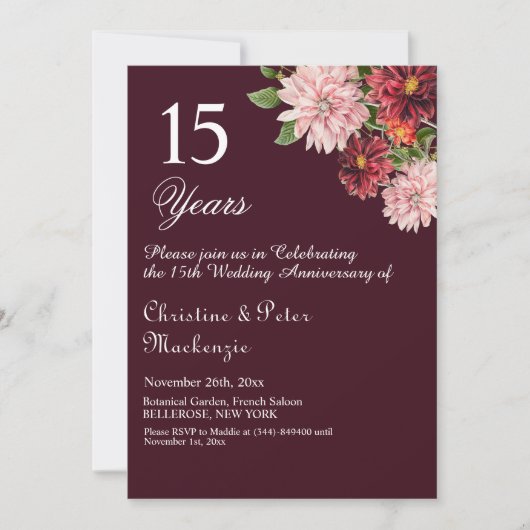 15e Crystal Wedding Jubileum Bourgogne Bloemen Kaart (Voorkant)