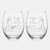 15e Crystal Wedding Jubileum Line Art Couple Wijnglas Zonder Voet (Voorkant)