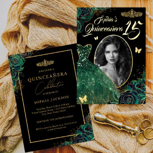 15e Emerald Green Gold Foto Quinceanera Folie Inv Uitnodiging