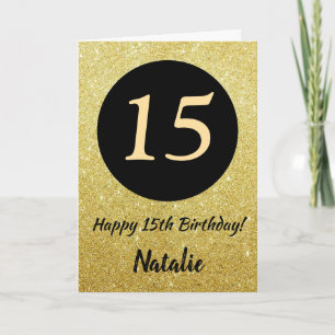 15e Happy Birthday Black en Gold Glitter Card Kaart