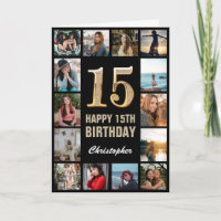 15e Happy Birthday Black en Gold Photo Collage