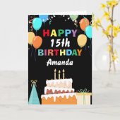 15e Happy Birthday Kleurrijke Ballonnen Taart Zwar Kaart (Gele Bloem)