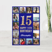 15e Happy Birthday Navy Blue & Gold Photo Collage Kaart (Voorkant)