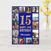 15e Happy Birthday Navy Blue & Gold Photo Collage Kaart (Gele Bloem)