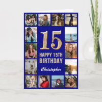 15e Happy Birthday Navy Blue & Gold Photo Collage