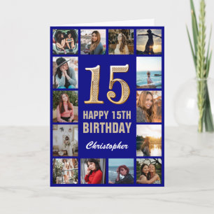 15e Happy Birthday Navy Blue & Gold Photo Collage Kaart