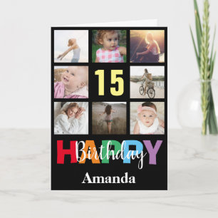 15e Happy Birthday Photo Collage Modern Black Kaart