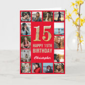 15e Happy Birthday Red en Gold Photo Collage Kaart (Gele Bloem)