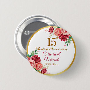 15e huwelijksjubileum gouden lijst bloemen ronde button 5,7 cm