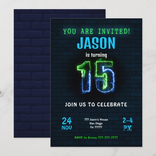 15e jongen verjaardag uitnodiging (Voorkant / Achterkant)