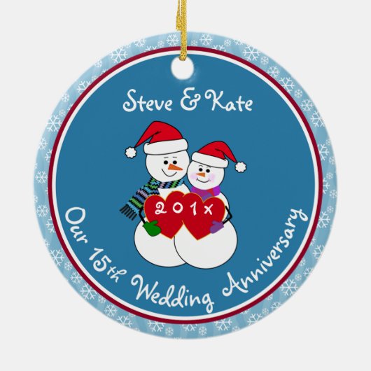 15e Jubileum Gift Fun Sneeuwpaar Kerst Keramisch Ornament (Achterkant)