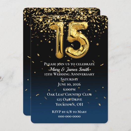 15e Jubileum Gold-ballonnen en Confetti Invitati Kaart (Voorkant / Achterkant)