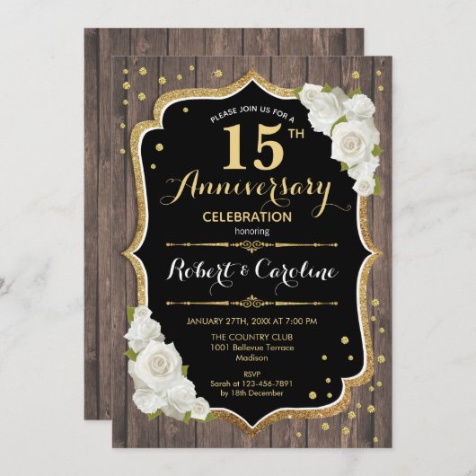 15e Jubileum Uitnodiging - Rustic Wood Gold (Voorkant / Achterkant)