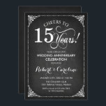 15e Jubileum van het huwelijk - Chalkboard White Kaart<br><div class="desc">Golden 15th Wedding Jubileum Invitation. Elegant retro  ontwerp met zwart kartonpatroon. Kenmerkt witte manuscriptdoopvont. Cheers tot 15 jaar! Kan gepersonaliseerd worden in elk jaar van het huwelijk! Bericht me als u verdere aanpassing nodig hebt.</div>