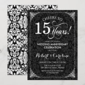 15e Jubileum voor bruiloft - Black White Damask Kaart (Voorkant / Achterkant)