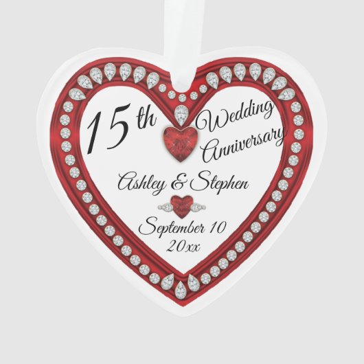 15e Jubileum voor bruiloft Ruby Diamonds Keepslag Ornament (achterkant)