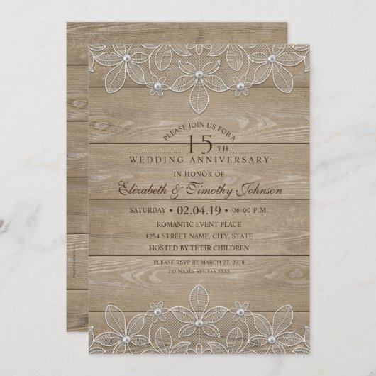 15e Jubileum voor bruiloft Rustic Wood Lace Kaart (Voorkant / Achterkant)