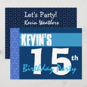 15e Moderne Blue Teen Birthday Party Invitation Kaart (Voorkant / Achterkant)