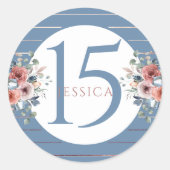 15e (of andere) Verjaardag, Blauw en Roos Goud Ronde Sticker (Voorkant)