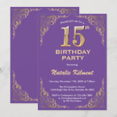 15e Paars- en goudglitter-Lijst op de geboorte Kaart (Voorkant / Achterkant)