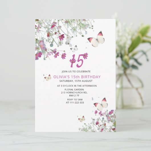 15e Paarse Lila Vlinders Verjaardagsuitnodiging Aankondiging (Staand voorkant)