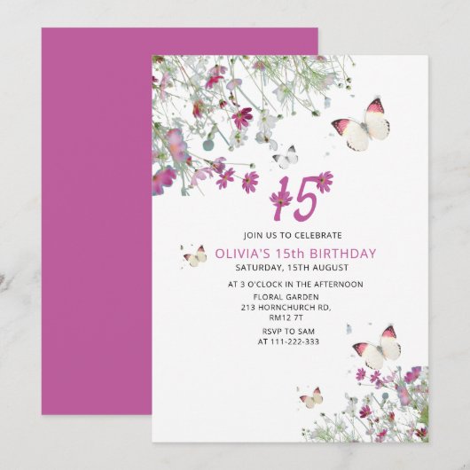 15e Paarse Lila Vlinders Verjaardagsuitnodiging Aankondiging (Voorkant / Achterkant)