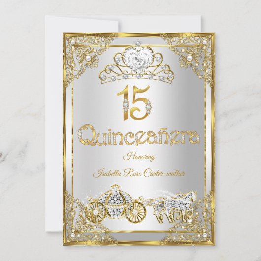 15e Parel Goud Wit Quinceanera tiara koets Kaart (Voorkant)