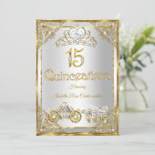 15e Parel Goud Wit Quinceanera tiara koets Kaart (Staand voorkant)